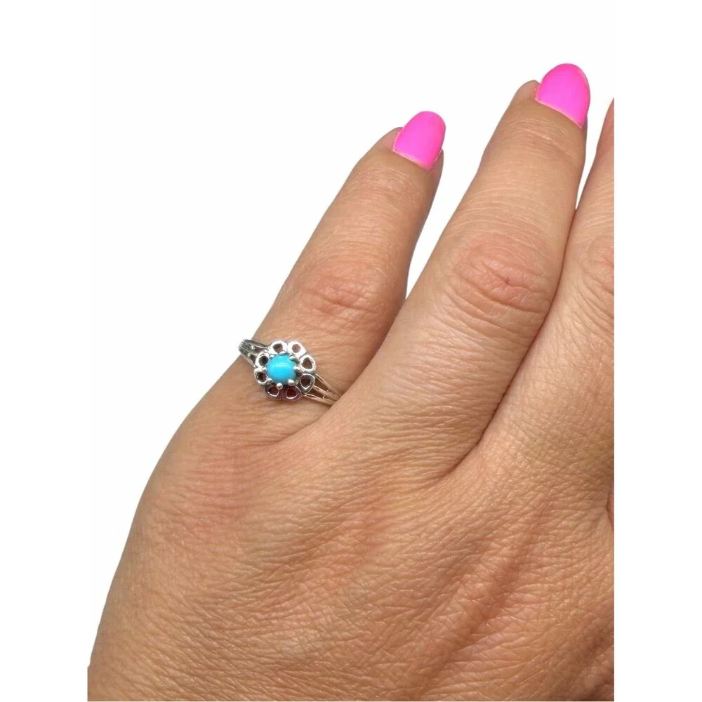 Sleeping Beauty Turquoise Mine Ring Size 5 Flower Solid 925 Sterling Silver